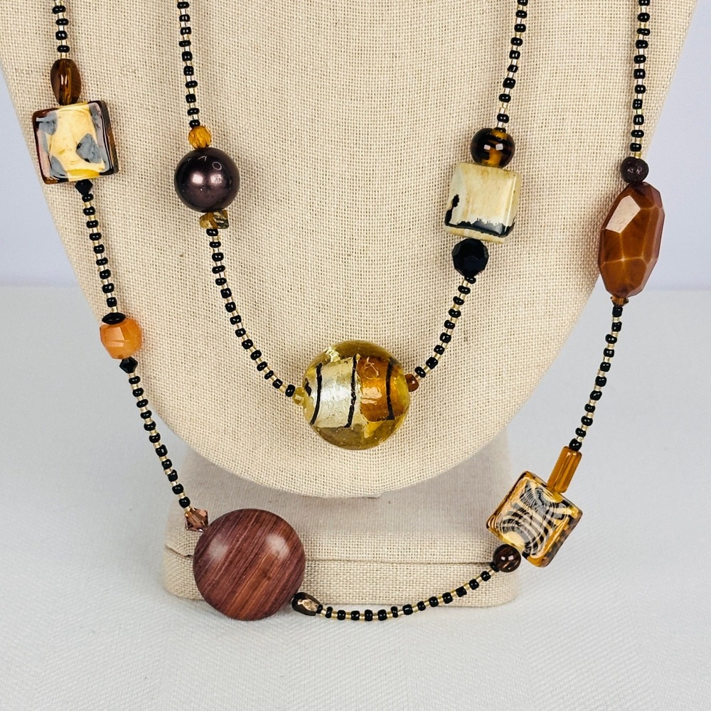 Boho Murano‎ Glass & Resin Beaded Necklace Set Brown Black Earth Tone Layered